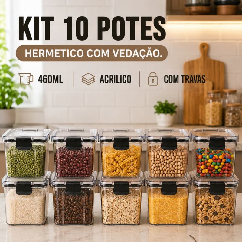 Kit 10 potes herméticos 460 ml com travas