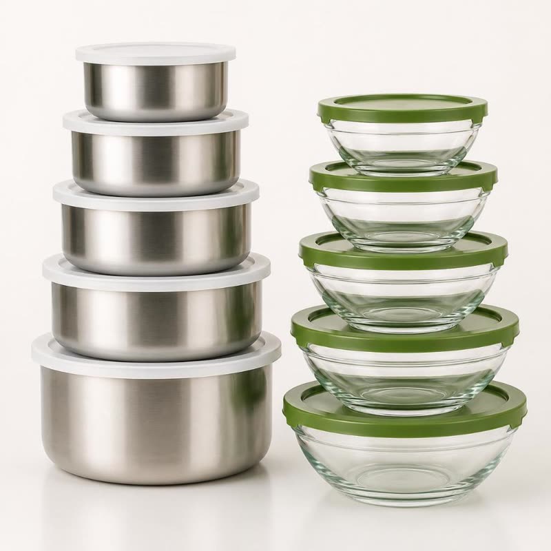 Potes de vidro e inox com tampa