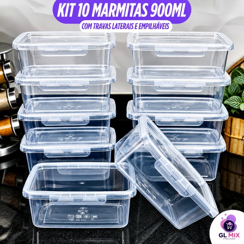Kit 10 marmitas 900 ml com travas, sem BPA
